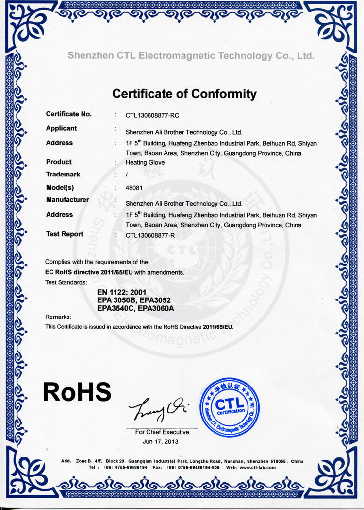 Certificate of Conformity RoHS